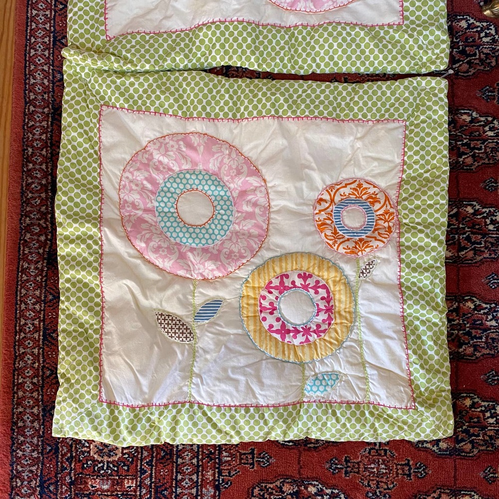PB Teen Set of 2 Square Quilted Floral‎ Pattern Green Polka Dot Pillow Shams